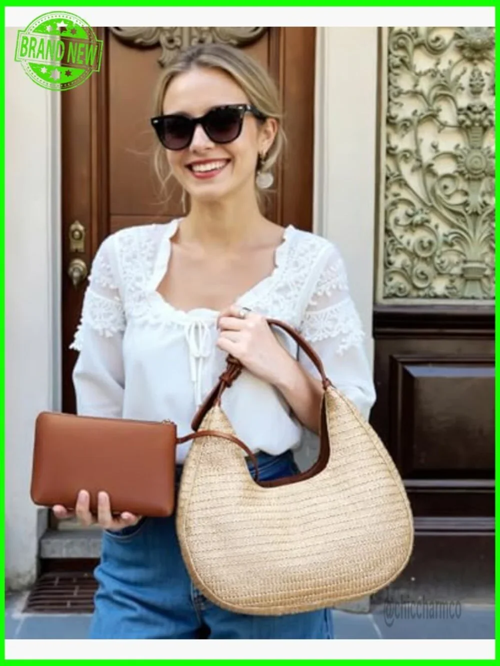Straw Hobo Handbag with Adjustable Strap, Summer Beach Tote Purse